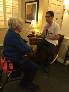 Mason student Joe Brock talks with a resident at Sunrise Senior Living during the 9/11 Day of Service. Photo provided by Brandice Valentino.