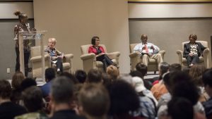 Freedom and Learning Forum, "Policing Race: Critical Analyses of National Trends." On stage from left to right: Moderator Wendi Manuel-Scott, Director of African and African American History and Associate Professor of History and Art History; Professor Laurie O. Robinson, Clarence J. Robinson Professor of Criminology, Law and Society and co-chair of President Obama’s Task Force on 21st Century Policing; Rita Chi-Ying Chung, Professor, Counseling & Development Program; Earl Smith, adjunct professor of sociology and African and African American Studies; and Shirley Ginwright, President of the NAACP in Fairfax and Chair of the Fairfax County Communities of Trust Committee. Photo by Evan Cantwell/Creative Services/George Mason University.