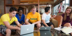 Global Studies Living Learning Community and INTO students collaborate at the Mason Global Center. Photo by Evan Cantwell/Creative Services/George Mason University