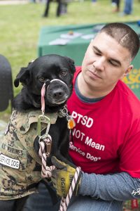 Dylan Arthur arranged Paws for a Cause to educate people about service dogs. Dylan is a senior management major who has a service dog because of his PTSD from his career as a military cop. (Bethany Camp/Creative Services/George Mason University)