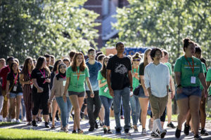 Students walk to the Eagle Bank Arena for New Student Convocation at George Mason University. Photo by Lathan Goumas/Strategic Communications