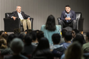 George Mason University president Angel Cabrera and Jose Antonio Vargas listen to a question from an audience member during the 2018 Freedom and Learning Forum. Photo by Lathan Goumas/Strategic Communications