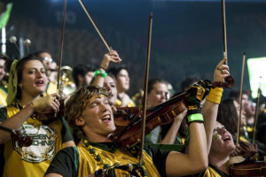 Green Machine pep band at 2018 Mason Madness