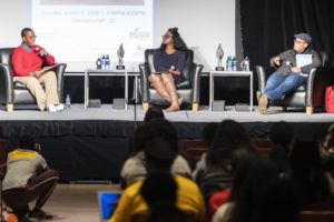 Michelle Allen (left), assistant director of the Office of Diversity, Inclusion and Multicultural Education + LGBTQ Resources, moderates a talk with Robin Boylorn (center) and Keeanga-Yamahtta Taylor (right) during the 2019 Sojourner Truth Lecture. Photo by Lathan Goumas.