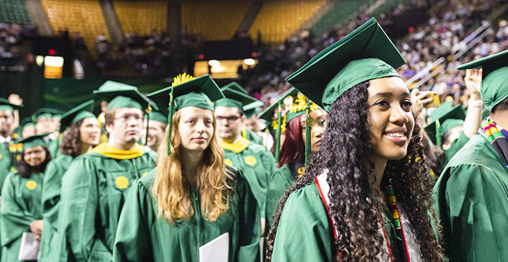 Graduates listen during the 2019 Spring Commencement. Photo by Lathan Goumas/Strategic Communications