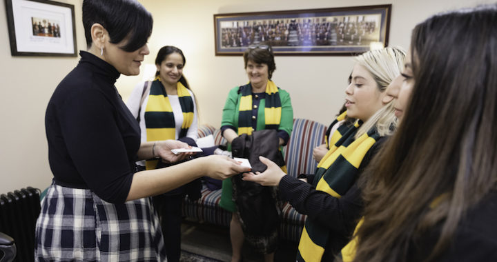 Delegate Hala Ayala meets with Geet Jain, President Anne Hotlon, Ramsha Ashraf, Isabella D'Alacio, and Kimberly Posada during Mason Lobbies Day in Richmond. Photo by Lathan Goumas/ Office of Communications and Marketing