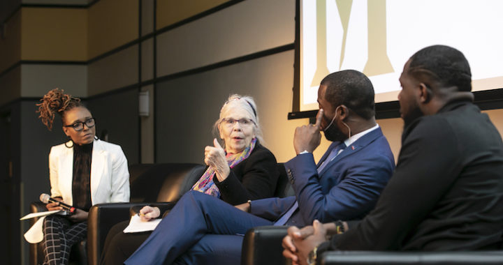 2020 Freedom and Learning Forum: a conversation around the power of symbols, statues, and race in 21st century America, Dr. Wendi Manuel-Scott, Martha Rollins, Hon. Levar Stoney, and Dr. Wes Bellamy. Photo by: Ron Aira/Creative Services/George Mason University