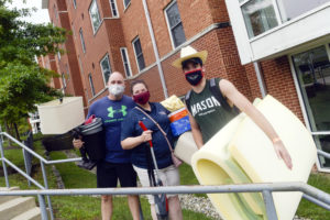 Students returning for the Fall 2020 semester move into resident halls with a 25% reduction in students living on campus as part of a the safe return to campus plan. Photo by Evan Cantwell/Creative Services/George Mason University