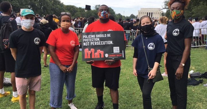 Members of Mason's John Mitchell, Jr. Program attended the 57th anniversary of the March on Washington on August 28, 2020. From left to right: Jordan Mrvos (Carter School MS graduate ‘20), Ajanet Rountree (Carter School PhD student), Charles L. Chavis, Jr. (Carter School assistant professor and JMJP founding director), Audrey Williams (Carter School MS student), Chinyere Erondu (Carter School MS student). Photo provided.