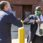 Governor Ralph Northam is greeted by president Greg Washington during a visit to the Fairfax campus of George Mason University. Photo by Lathan Goumas/Office of Communications and Marketing Photo Taken:Tuesday, September 22, 2020
