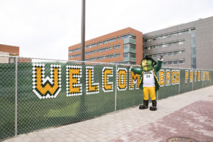 The Patriot welcomes back students to campus. Photo by: Ron Aira/Creative Services/ George Mason University